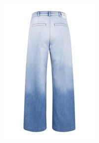 Pantaloni in denim azzurro chiaro a gamba larga con effetto sfumato, dotati di due tasche posteriori e una vita cucita.