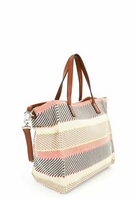 Sac à main tissé rayé en crème, marron et orange, avec des poignées en cuir marron et une bandoulière réglable. Doté d'un design structuré.