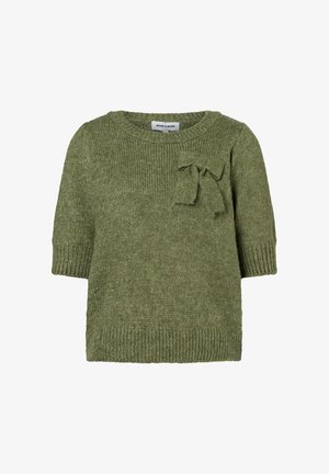 Short-sleeve olive green knitted sweater with ribbed edges and a decorative bow on the upper left side.
