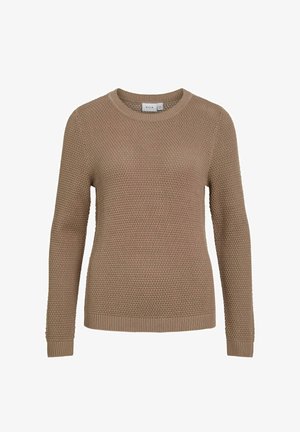 Beež lõngakootud sviiter, millel on tekstuuriga disain, soonikvarrukad ja alläär, ümar kaelus ning pikad varrukad. Silt: VILA.