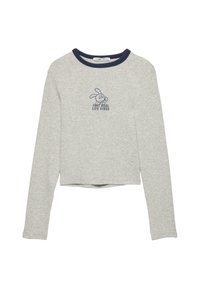 Šedý dlhý rukáv crop top z mäkkej látky s námorníckym rebrovaným výstrihom. Obsahuje potlač s karikatúrou králika a textom "LEN SKUTOČNÉ VIBRÁCIE. "