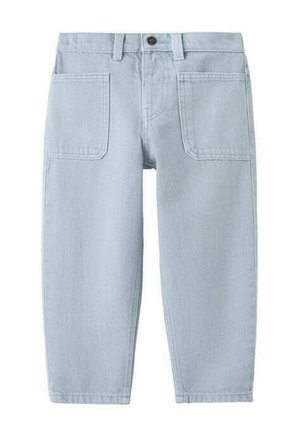 Pantaloni in denim azzurro chiaro con tasche applicate frontali, passanti per cintura e chiusura con bottone in vita.