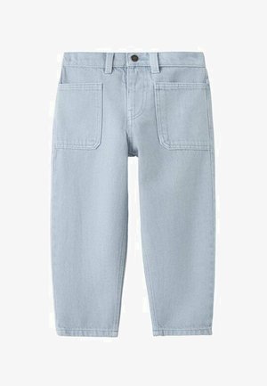 Svetlomodré rifle s prednými náprsnými vreckami, pútkami na opasok a zapínaním na gombík v páse.