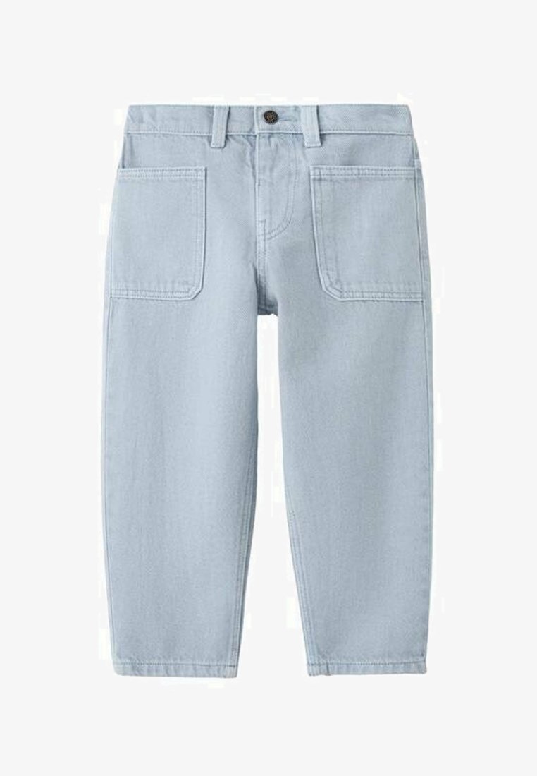 Svetlomodré rifle s prednými náprsnými vreckami, pútkami na opasok a zapínaním na gombík v páse.