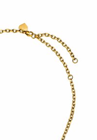 Goldkette mit ovalen Gliedern und einem herzförmigen Verschluss. Glatte Oberfläche mit polierter Optik, die eine glänzende, reflektierende Textur zeigt.