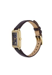 Montre rectangulaire dorée avec un cadran bleu foncé, des chiffres romains, un bracelet en cuir marron foncé et un guichet de date à 4 heures.