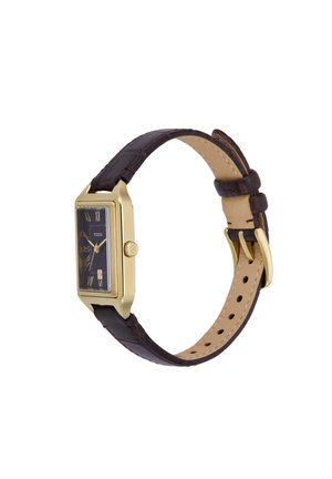 Montre rectangulaire dorée avec un cadran bleu foncé, des chiffres romains, un bracelet en cuir marron foncé et un guichet de date à 4 heures.