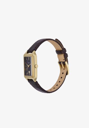 Gold-tone rectangular watch with dark blue face, Roman numerals, leather strap in dark brown, and a date window at the 4 o'clock position.