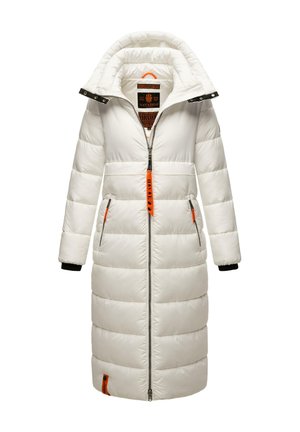 Witte pufferjas met capuchon, voorsluiting met rits, contrasterende oranje accenten en elastische manchetten. Bevat twee zijzakken en een doorgestikt ontwerp.