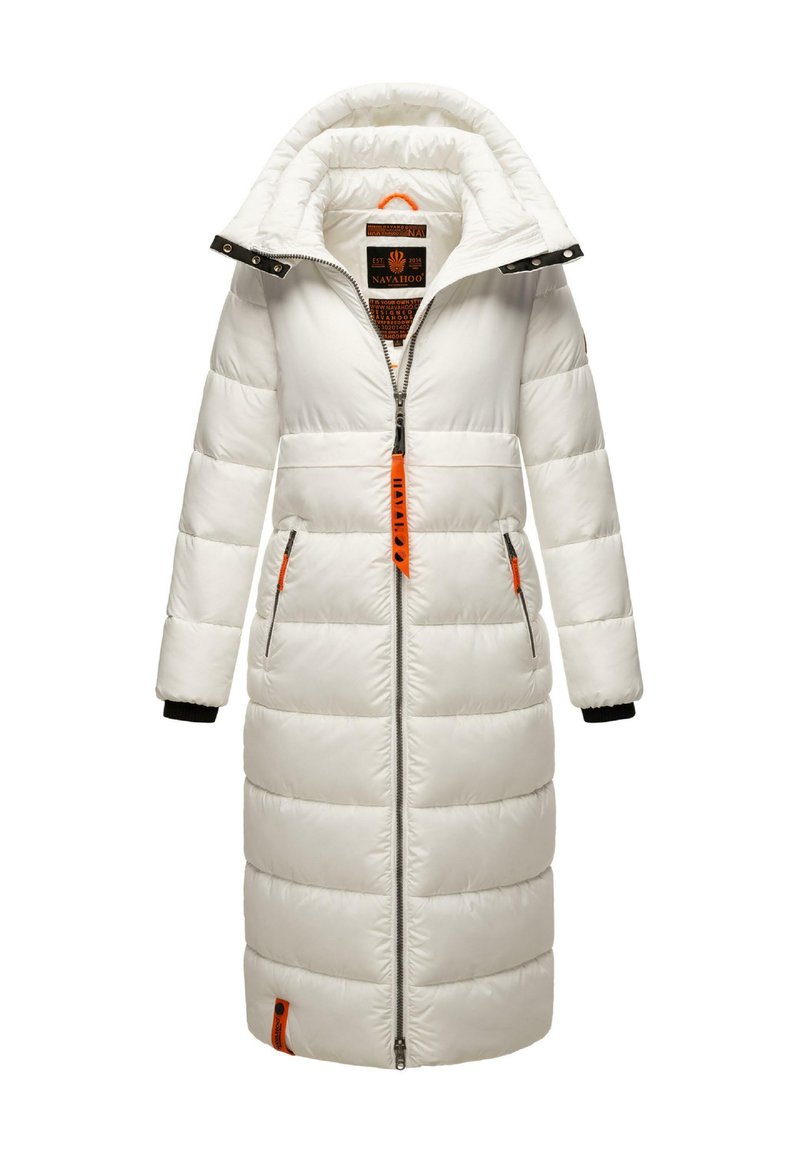 Witte pufferjas met capuchon, voorsluiting met rits, contrasterende oranje accenten en elastische manchetten. Bevat twee zijzakken en een doorgestikt ontwerp.