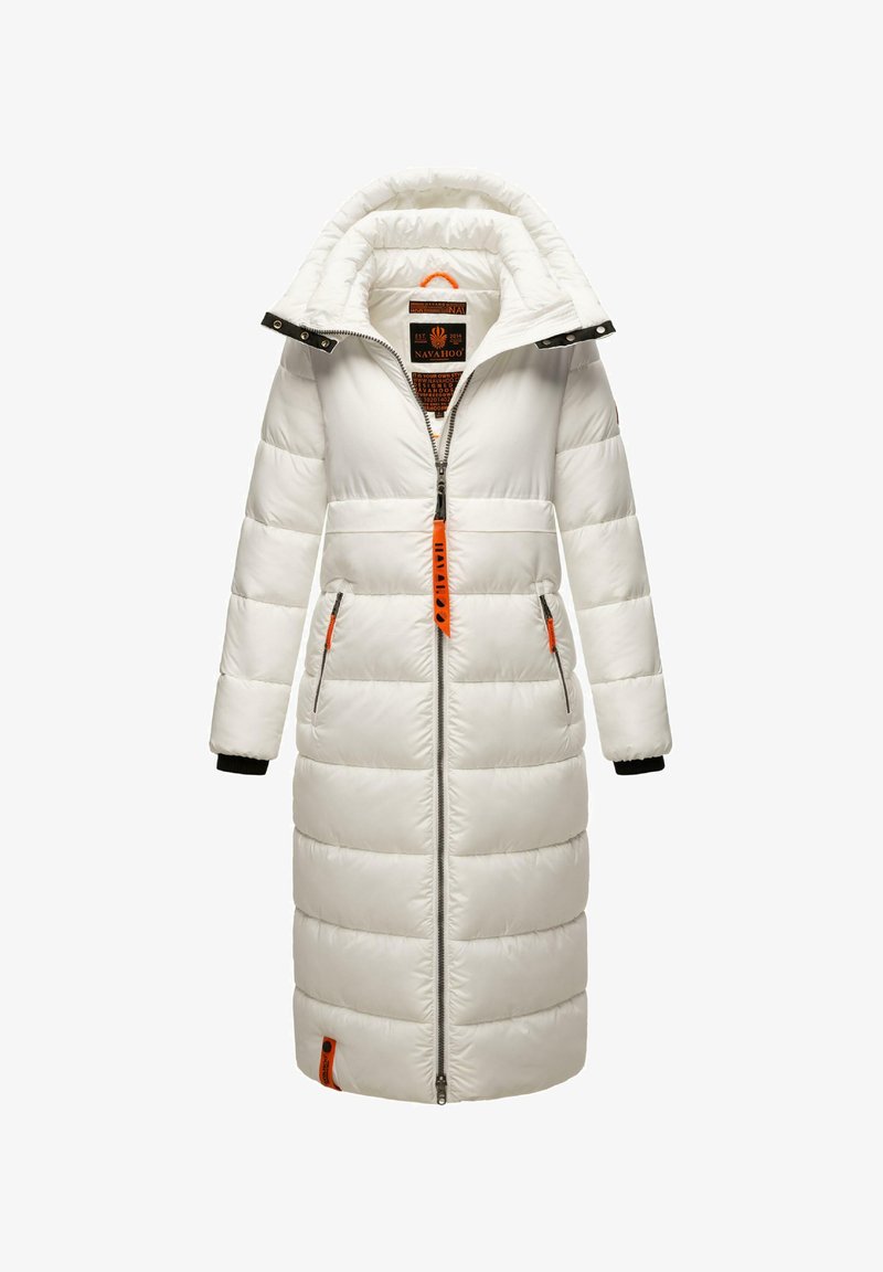 White puffer coat with a hood, front zipper, contrasting orange accents, and elastic cuffs. Features two side pockets and quilted design.