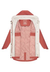 White and coral jacket with a hood, featuring a striped inner lining and multiple pockets; smooth fabric texture, snap fasteners.