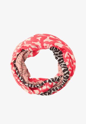 Infinity-sjaal in roze, koraal en zwart met abstracte patronen. Gemaakt van lichtgewicht stof, het heeft een zachte, gladde textuur.