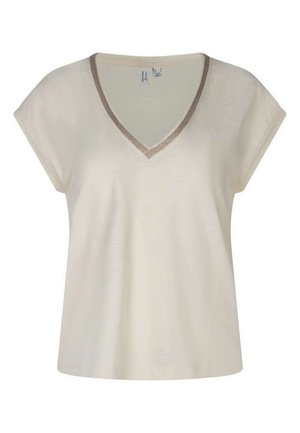 Haut crème à manches courtes avec col en V et bordure métallique autour du col, coupe ample et texture de tissu douce.