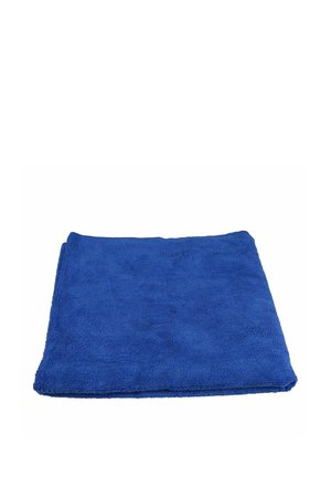 Blue microfiber towel folded neatly on a white background.