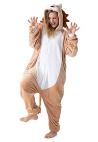 Tan and white fleece onesie with a lion design, featuring a hood, ears, and tail. Soft texture, full-length zipper, loose fit.