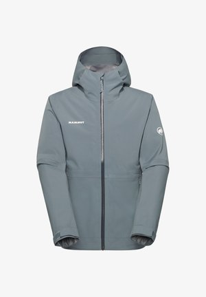 Grå vandtæt udendørsjakke med hætte, fuld lynlås foran, justerbare ærmekanter og Mammut-logoer på brystet og venstre ærme.