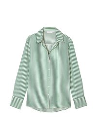 Chemise à rayures vertes et blanches, avec un col classique, des manches longues et un ourlet arrondi. Tissu texturé avec des rayures verticales.