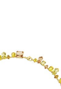 Bracciale in tono dorato con molteplici pietre sfaccettate rettangolari e ovali in tonalità di giallo pastello, limone e pesca, con chiusura a moschettone.