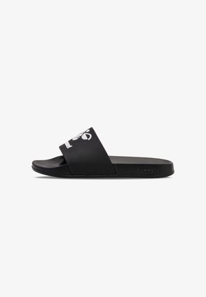Black slide sandal featuring a wide strap with white logo detail, flat footbed, and textured outsole. Made from synthetic material.