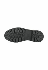 Black rubber boot sole with deep grooves and hexagonal patterns for traction. Features a smooth base and raised sections for durability.