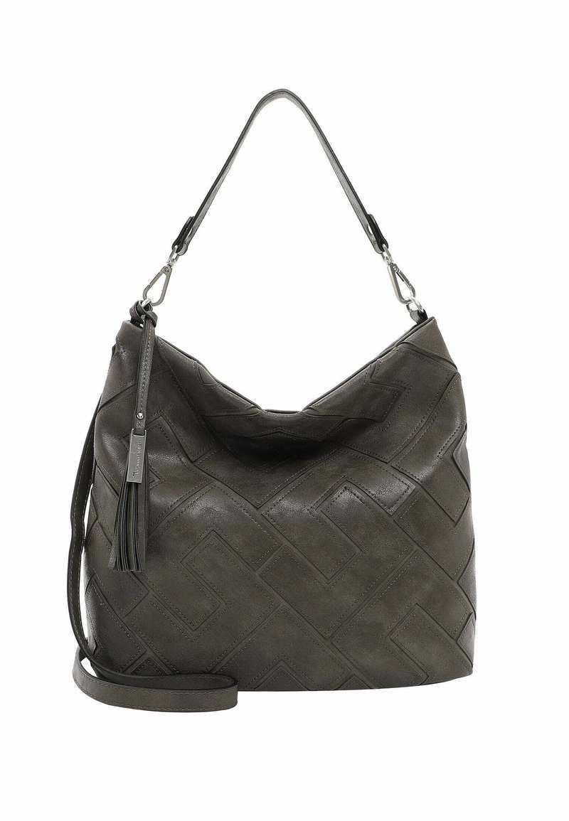 Hobo laukku harmaasta nahasta, jossa on teksturoitu geometrinen kuvio, yksi olkahihna ja irrotettava tupsu. Ominaisuuksina rento muotoilu.