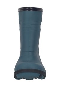 Sininen kuminen sadetakki, jossa on pyöreä kärki, teksturoitu päällinen, kevyet urat yksityiskohdissa ja musta kumireunus ylhäällä.