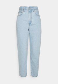 Ljusblå högmidjade jeans i denim, med raka ben, synliga sömmar och en traditionell fem fickors design.