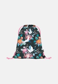 Drawstring backpack in black fabric with colorful floral and bird print. Features pink drawstrings and a logo near the base.