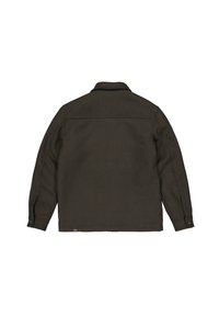 Dark green, wool-blend jacket with a collared design, buttoned cuffs, and a straight cut. Features minimalistic stitching details.