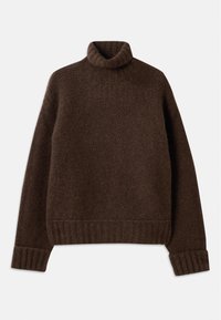 Pull col roulé marron avec un motif de tricot texturé. Présente des poignets et un ourlet côtelés, et une coupe légèrement ample. Matière douce et confortable.