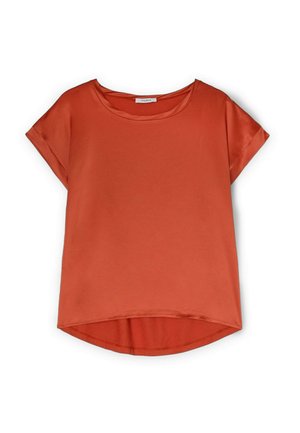 Kurzärmliges Oberteil in rostorange, mit rundem Ausschnitt, weichem Material und leicht abgerundetem Saum. Schlichtes Design ohne Muster.