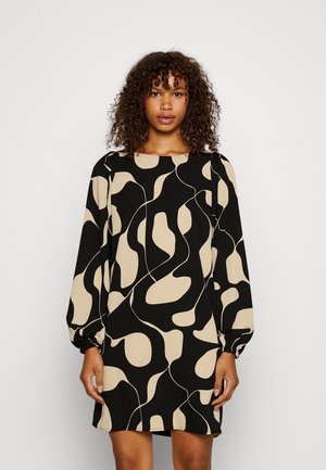 Black dress with beige abstract pattern, featuring long puff sleeves, a round neckline, and a loose fit. Smooth texture, knee-length design.