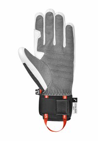 Graue Handschuh mit einer strukturierten Oberseite, weißem Daumen und einem schwarzen Handgelenkband. Verfügt über rote Akzente und einen verstellbaren Verschluss für zusätzliche Sicherheit.