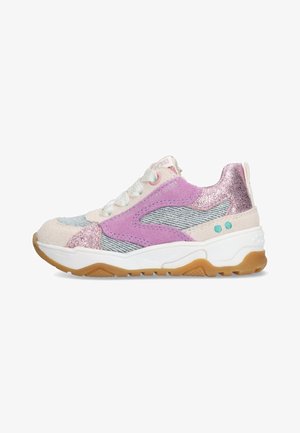 Colorful sneaker featuring a mix of pink, purple, and blue tones, with suede and glitter accents, a cushioned sole, and textured fabric.