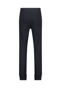 Black sweatpants with a relaxed fit, elastic waistband, and single back pocket. Smooth fabric texture and cuffed hems.