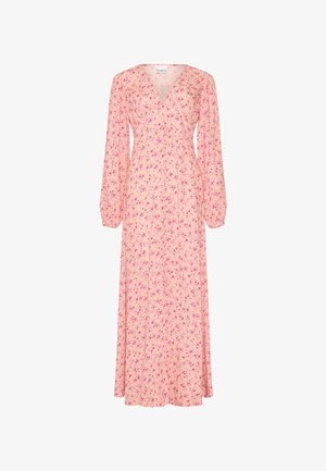 Pitkä persikanvärinen kietaisumekko, jossa on vaaleanpunainen kukkakuosi ja pitkät liehulahkeet joustinneuloksilla.