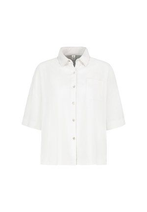Weißes kurzärmliges Hemd mit Knopfleiste, Kragen und einer Brusttasche, auf weißem Hintergrund präsentiert.