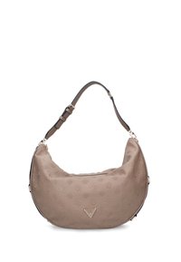 Borsa hobo beige con motivo floreale in rilievo, texture liscia, tracolla scura regolabile e hardware in metallo. Presenta dettaglio del logo nella parte anteriore.