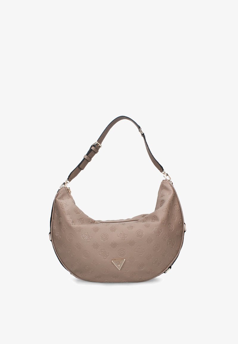 Borsa hobo beige con motivo floreale in rilievo, texture liscia, tracolla scura regolabile e hardware in metallo. Presenta dettaglio del logo nella parte anteriore.