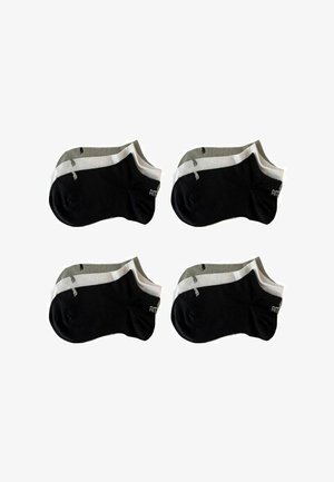 Black and gray ankle socks with white accents, made of soft fabric. Four pairs displayed together featuring a logo on the toe.