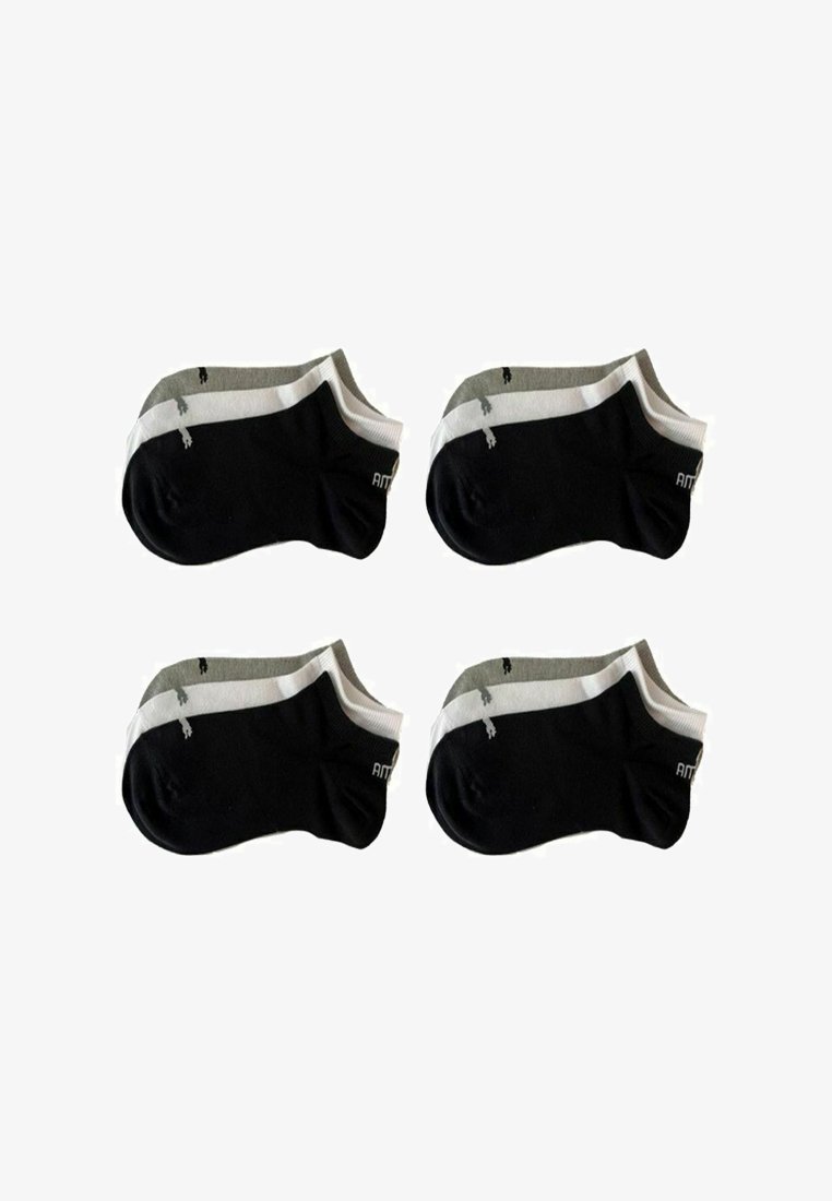 Schwarze und graue Knöchelsocken mit weißen Akzenten, aus weichem Stoff. Vier Paare werden zusammen präsentiert, mit einem Logo auf der Zehe.
