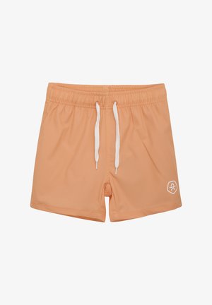 Perzikkleurige zwemshorts met een elastische tailleband, witte trekkoorden en een klein wit logo aan de linkerkant. Glad, lichtgewicht materiaal.