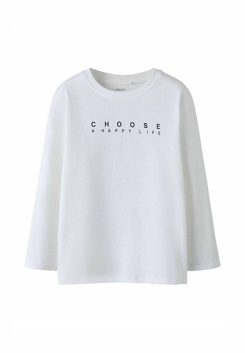 Witte longsleeve T-shirt van katoen met een ronde halslijn en de tekst "KIES VOOR EEN GELUKKIG LEVEN" in zwarte letters over de voorkant.