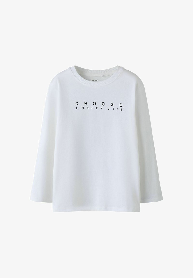 Witte longsleeve T-shirt van katoen met een ronde halslijn en de tekst "KIES VOOR EEN GELUKKIG LEVEN" in zwarte letters over de voorkant.