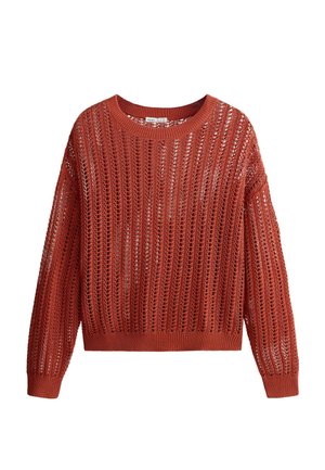 Rozsdabarna színű, hosszú ujjú kötött pulóver áttört mintával, kerek nyakkivágással és bordázott mandzsettákkal és szegéllyel.