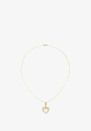 Kullast kaelakee, millel on südamekujulise ripatsiga õõnes keskosa, kaunistatud väikeste läbipaistvate kivikestega. Peenike kett.