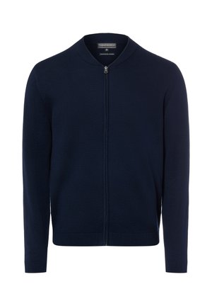 Marineblauwe cardigan met ritssluiting, lange mouwen, geribde boorden en zoom, en een ronde kraag.