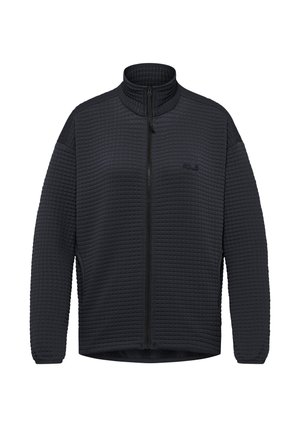 Giacca trapuntata nera con cerniera, collo alla coreana, maniche lunghe, polsini elasticizzati e logo discreto sul petto a sinistra.