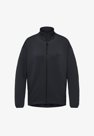 Veste matelassée noire zippée avec col montant, manches longues, poignets élastiques et logo discret sur la poitrine gauche.